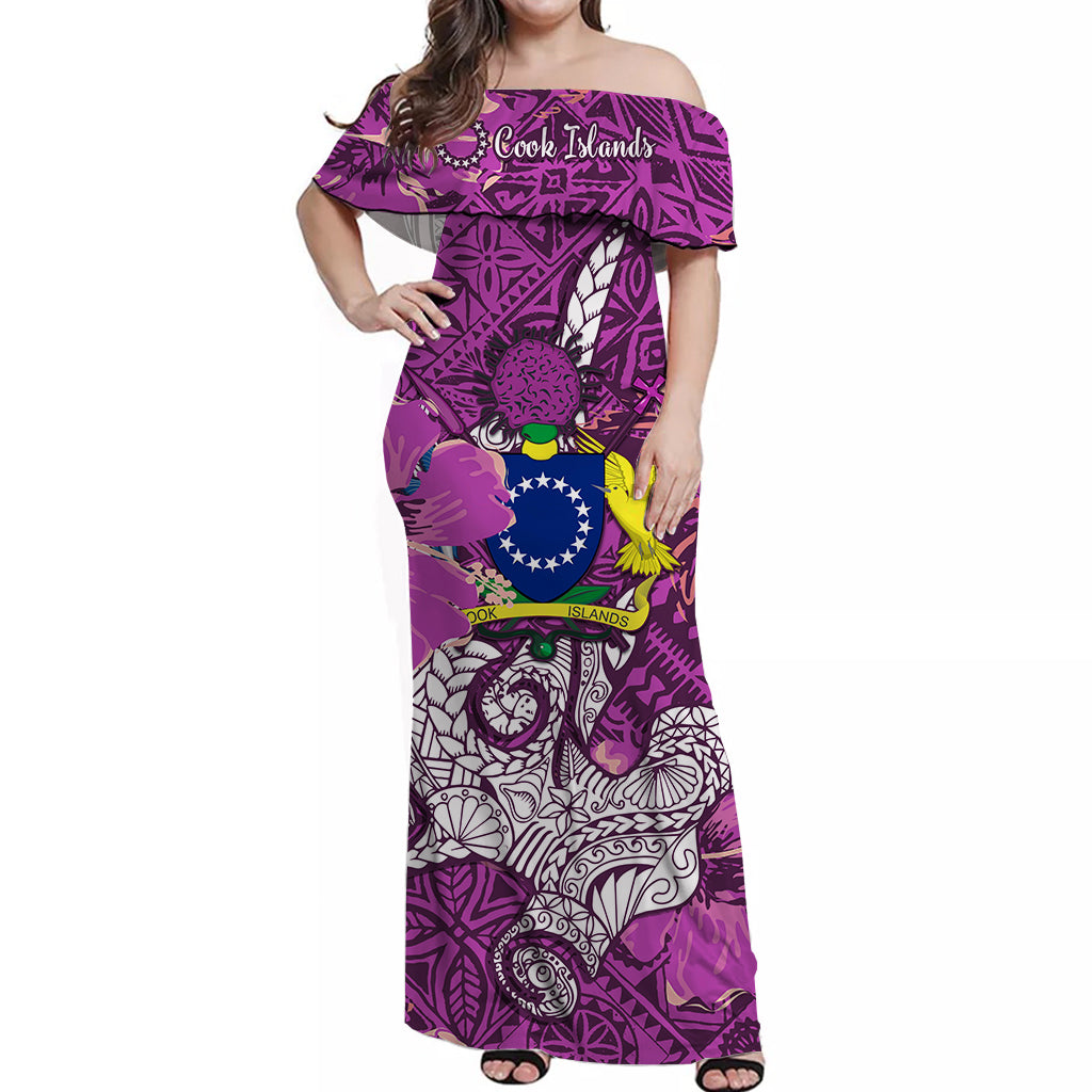 Cook Islands Off Shoulder Long Dress Hammerhead Shark Purple