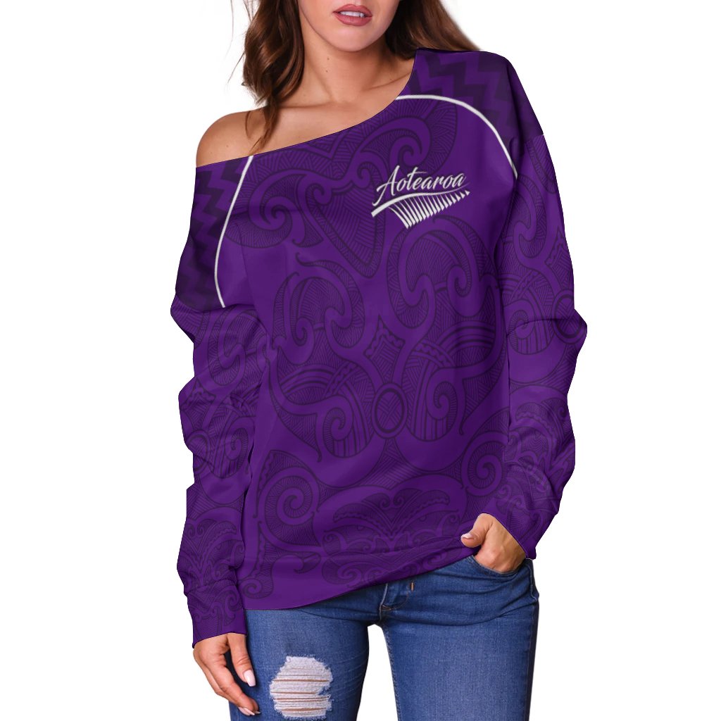 Maori 2021 Off Shoulder Sweater Purple Aotearoa Tattoo