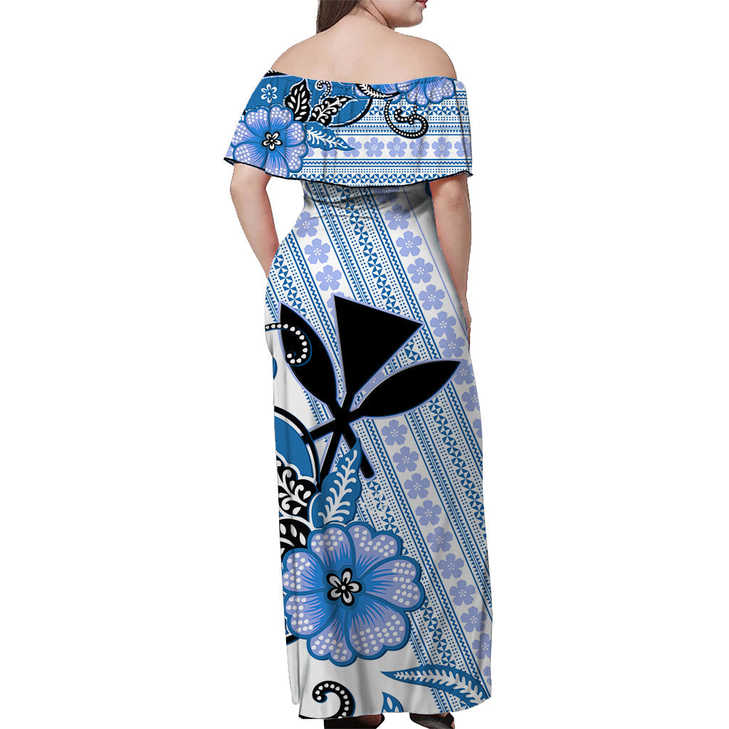 Hawaii Off Shoulder Long Dress Kakau Tribal Blue Batik Floral Ver.02