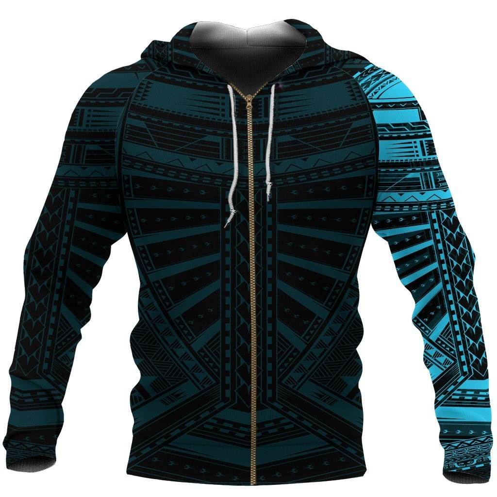 New Zealand Zip Up Hoodie, Maori Samoan Polynesian Tattoo Zipper Hoodie Blue