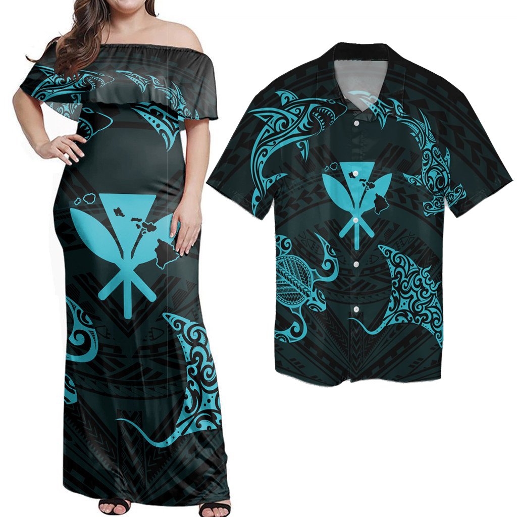 Matching Hawaiian Outfits For Couples Polynesian Turtle Hammerhead Shark Ray Kanaka Hawaii Circle Blue