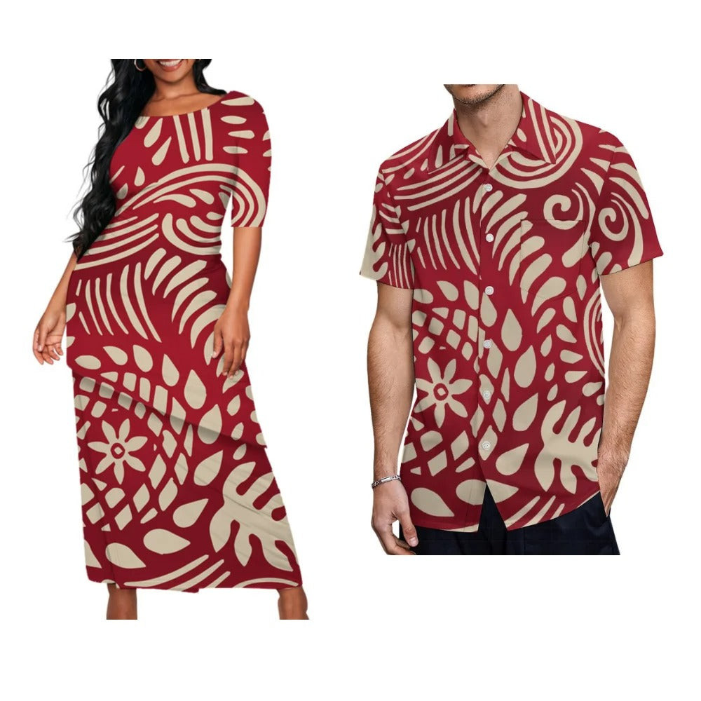 Tropical Polynesian Pattern Matching Outfit For Couple Polynesian Flowers Puletasi Dress Two-Piece Suit With Men's Shirt