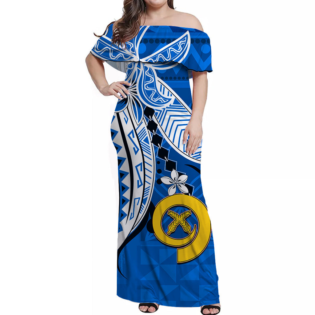 Vanuatu Color Off Shoulder Long Dress Pig Tusk Polynesian Blue