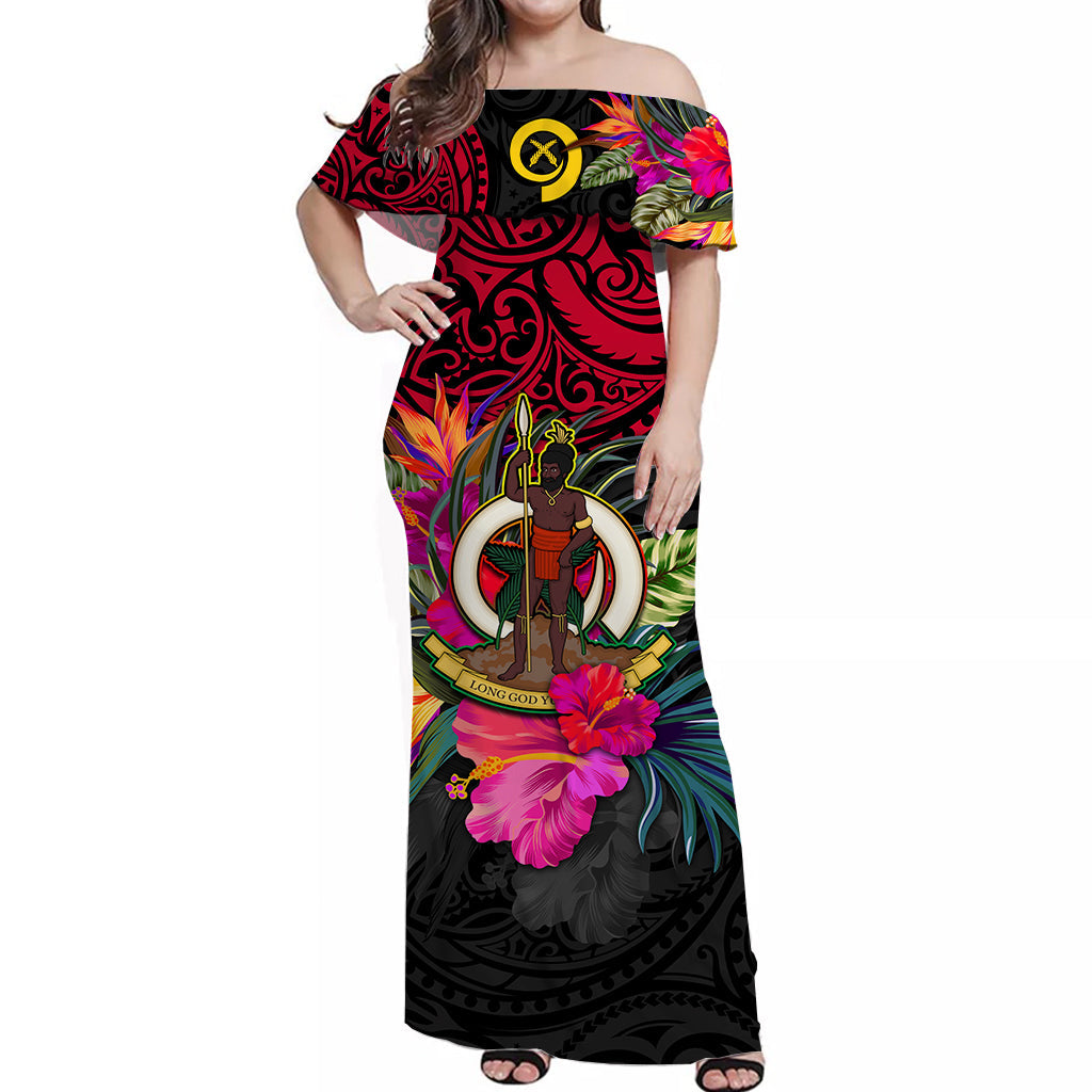Vanuatu Off Shoulder Long Dress Alluring Polynesia and Tropical Flowers