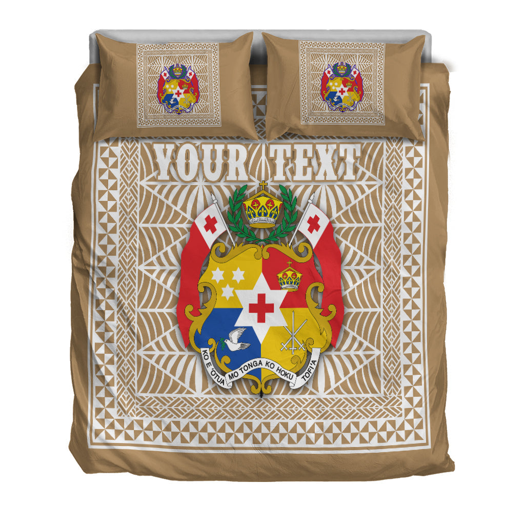 (Custom Personalised) Tonga Pattern Bedding Set Coat of Arms Beige and White