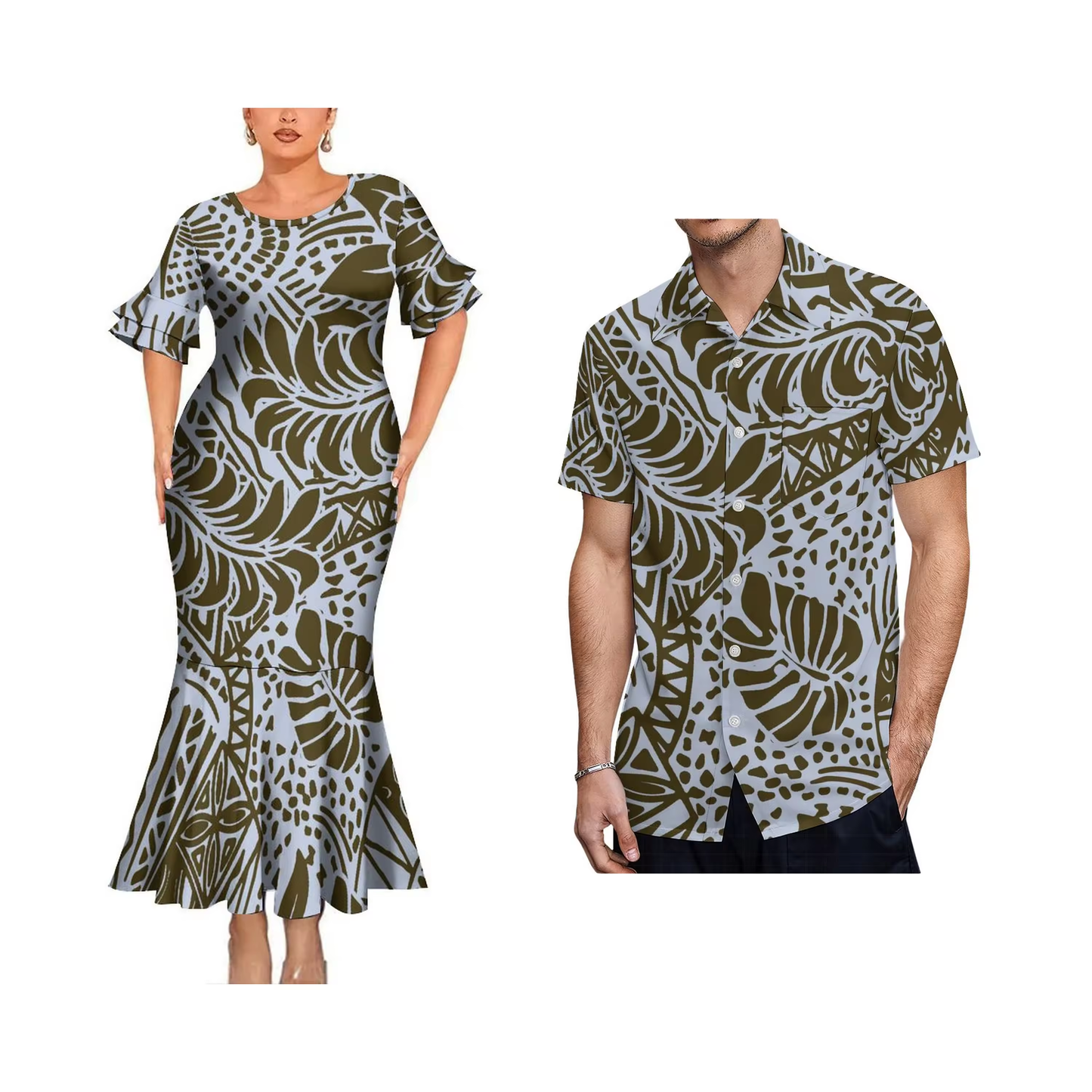 Polynesian Tribal Leaf Pattern Matching Outfit For Couple Bodycon Mermaid Dress and Shirt