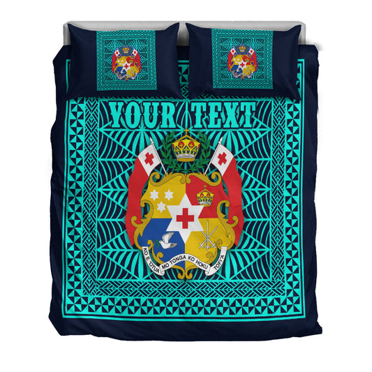(Custom Personalised) Tonga Pattern Bedding Set Coat of Arms Navy and Turquoise
