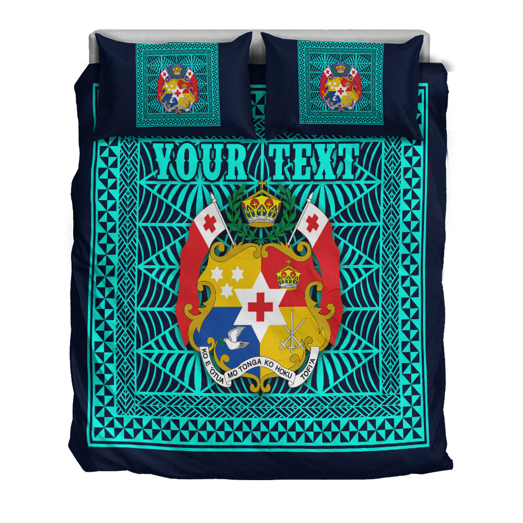 (Custom Personalised) Tonga Pattern Bedding Set Coat of Arms Navy and Turquoise