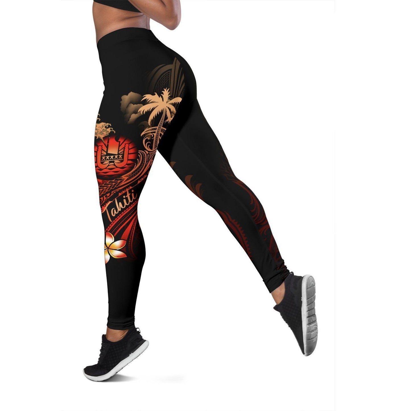 Tahiti Polynesian Women's Leggings - Plumeria Flowers And Waves
