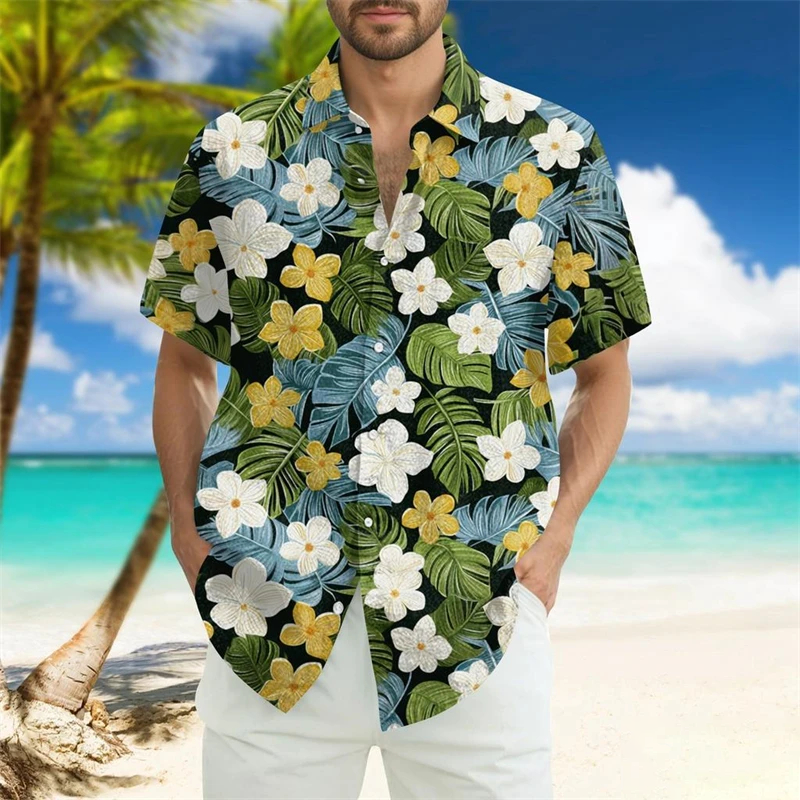 Vintage Flower Plants Pattern Men's Hawaiian Shirt Flower Leaf Tropical Pattern Summer Short Sleeve Shirt