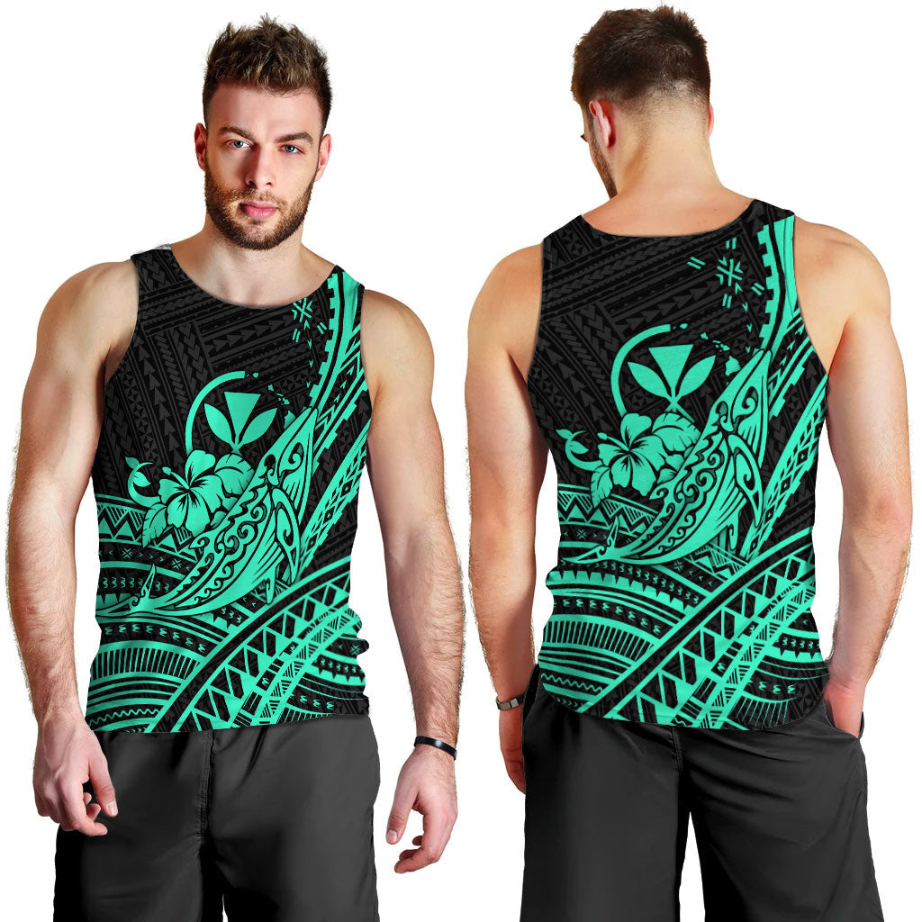 Hawaii Humpback Whale With Hibiscus Tribal Turquoise Men Tank Top
