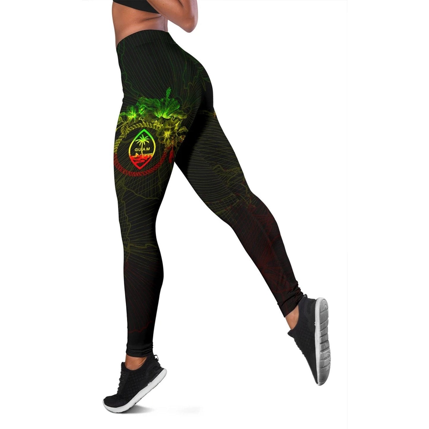 Guam Polynesian Women's Legging - Reggae Turtle Hibiscus Flower Frame Vintage