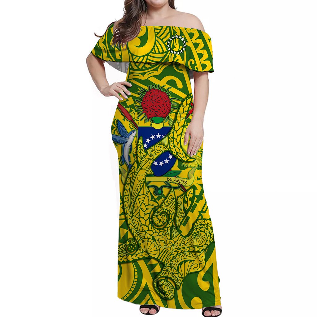 Cook Islands Off Shoulder Long Dress Hammerhead Shark Yellow