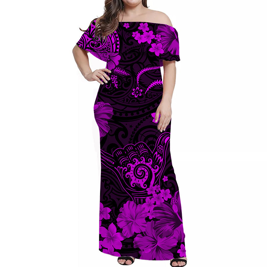 Hawaii Matching Clothes For Couples Hawaii Combo Dress and Hawaiian Shirt Polynesia Purple Cool Shaka Sign