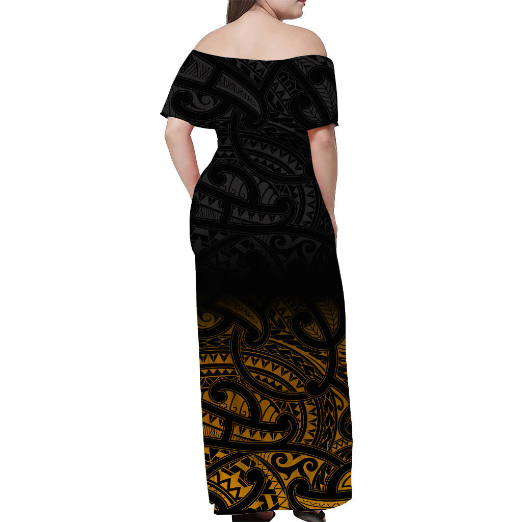 Custom Personalised New Zealand Off Shoulder Long Dress Maori Pattern Gold