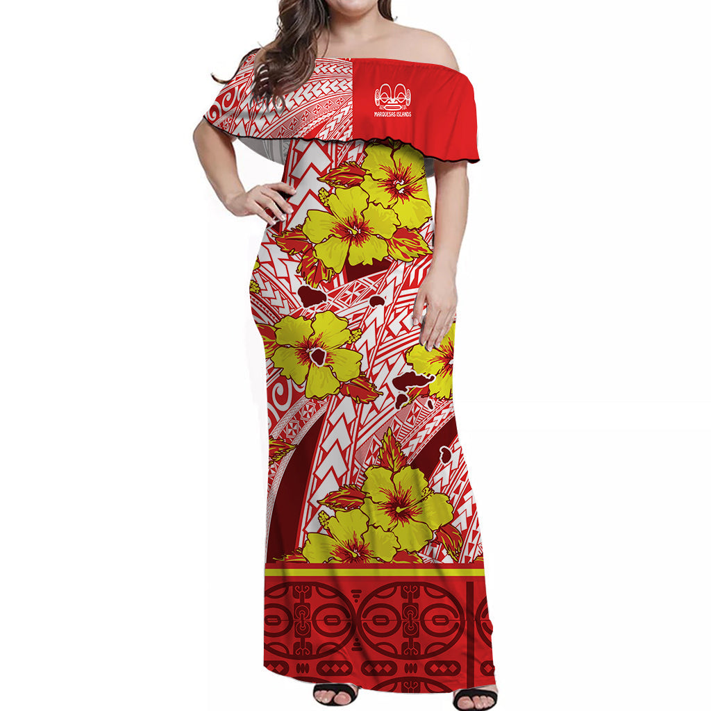 Marquesas Islands Off Shoulder Long Dress Hibiscus and Map Marquesan Red