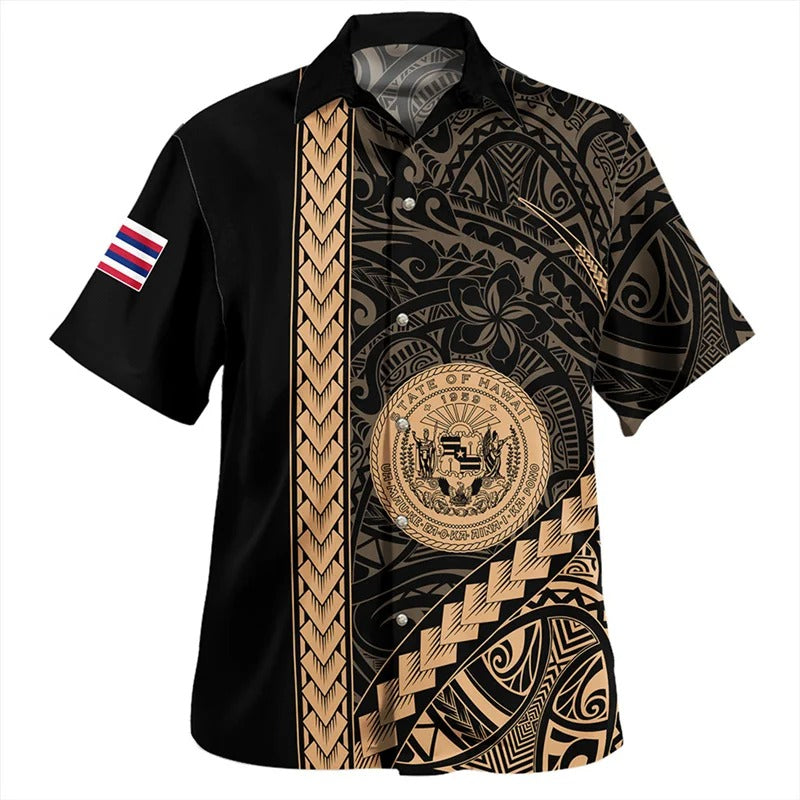 Kanaka Maoli Polynesian Tribal Pattern Shirt Hawaii Island Short Sleeves Summer Hawaiian Shirt