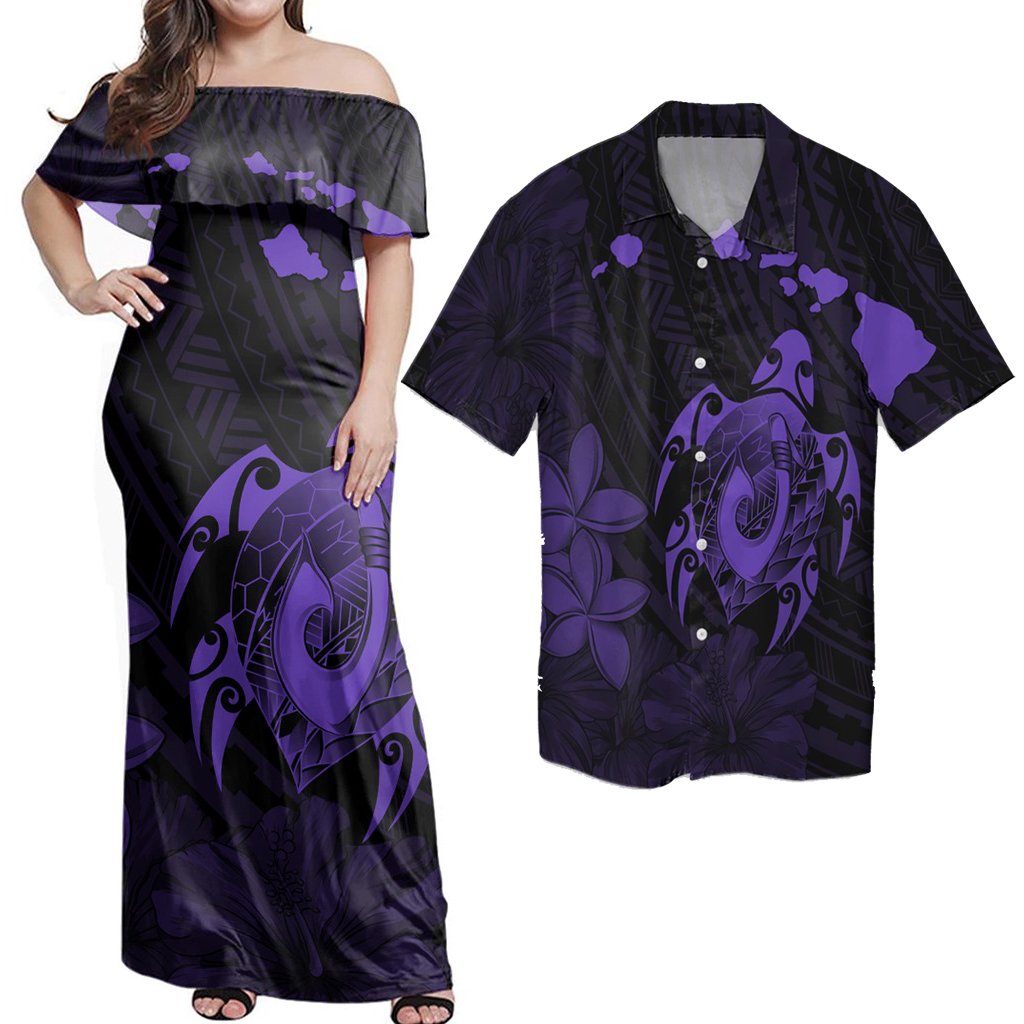 Matching Hawaiian Outfits Combo Dress And Shirt Hawaiian Map Turtle Plumeria Hibiscus Fish Hook Polynesian Purple