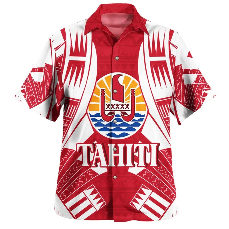 Tahiti Coat Of Arms Polynesian Tribal Hawaiian Shirts For Men Clothes Printed Tahitian Red Summer Button Shirt