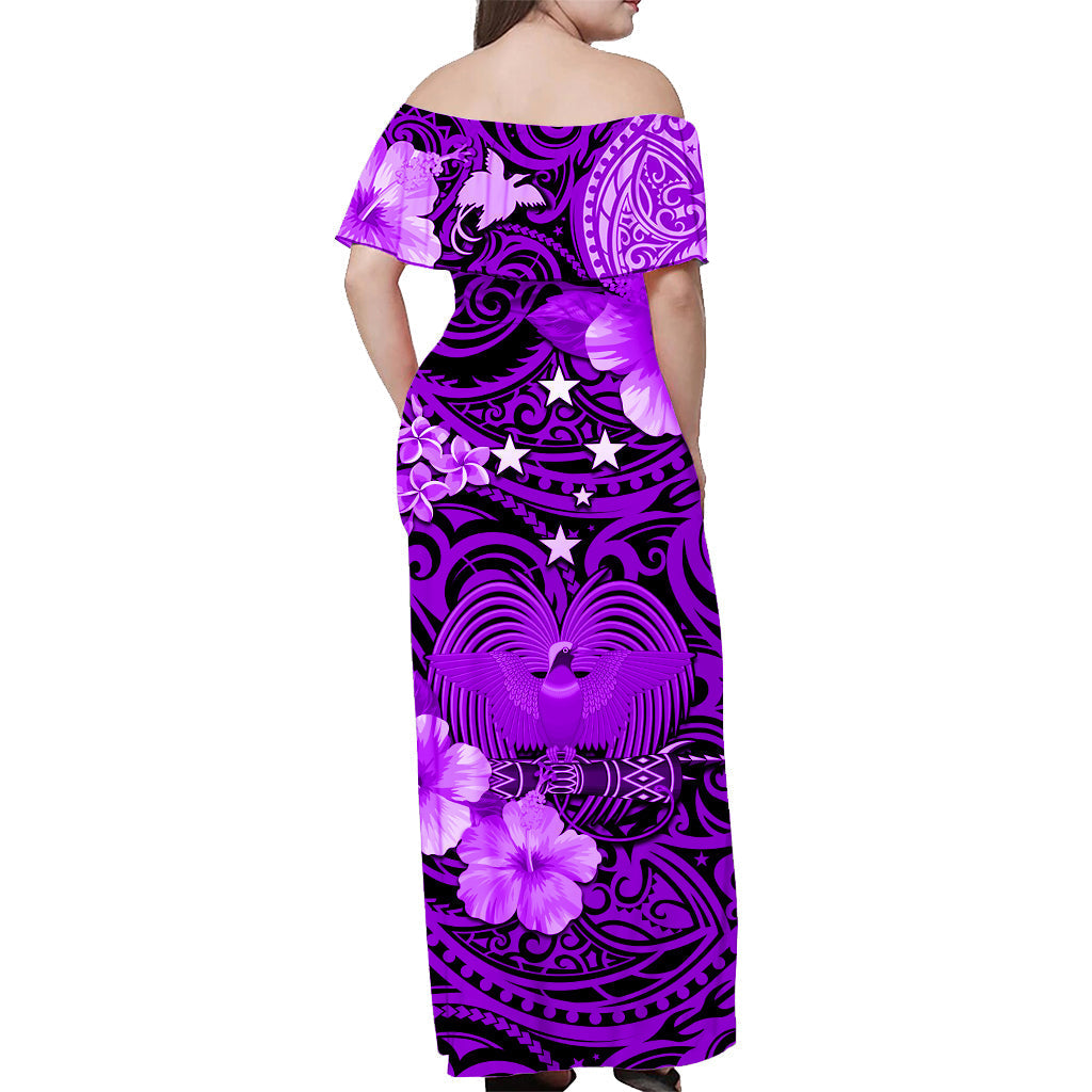 Papua New Guinea Off Shoulder Long Dress Polynesia Raggiana Bird of Paradise Purple