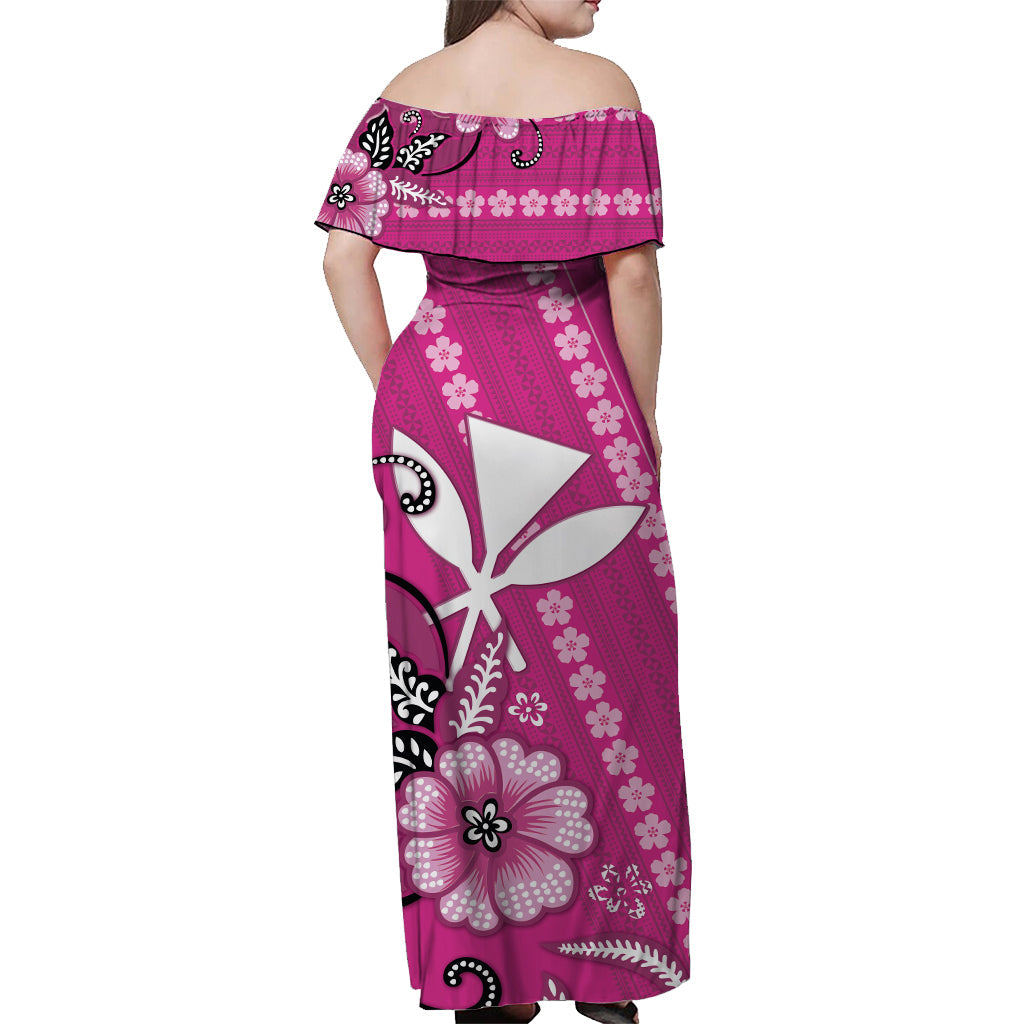 Hawaii Off Shoulder Long Dress Kakau Tribal Pink Batik Floral Ver.01