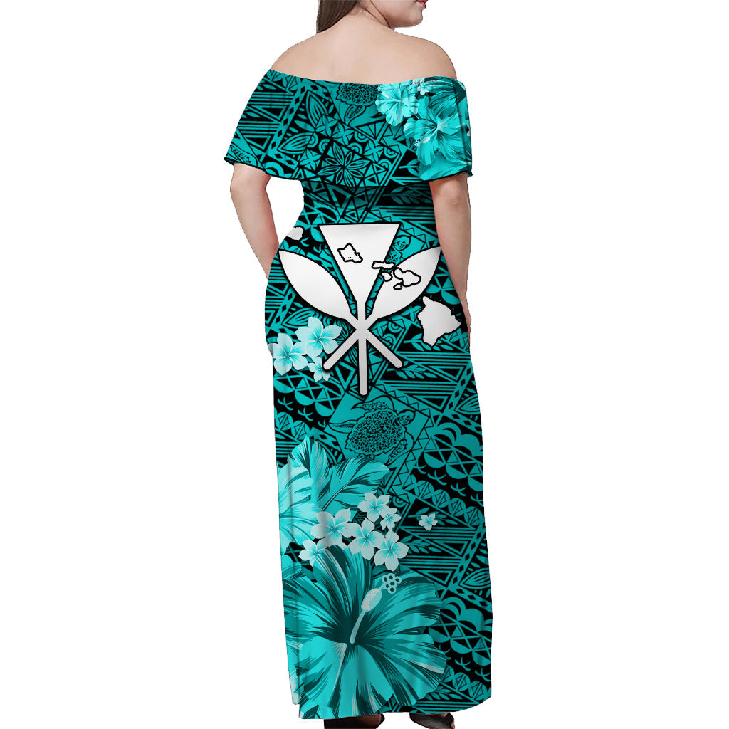 Custom Personalised Hawaii Off Shoulder Long Dress Map and Turtle Turquoise Flowers