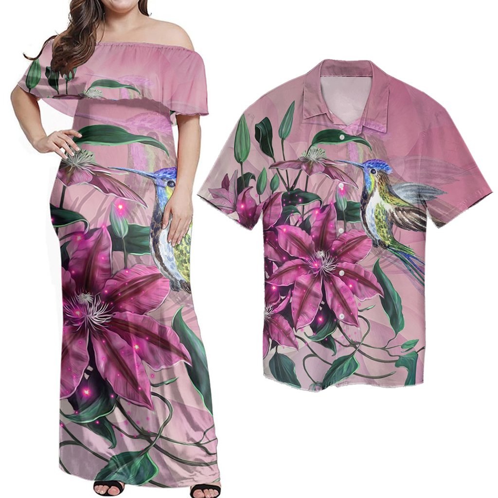 Matching Outfits For Couples Combo Dress And Shirt Hawaii Clematis Humming Bird