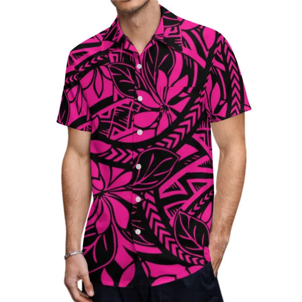 Polynesian Printed Pink Matching Outfit For Couple Clothing Tropical Fishtail Dress And Shirt For Her Him
