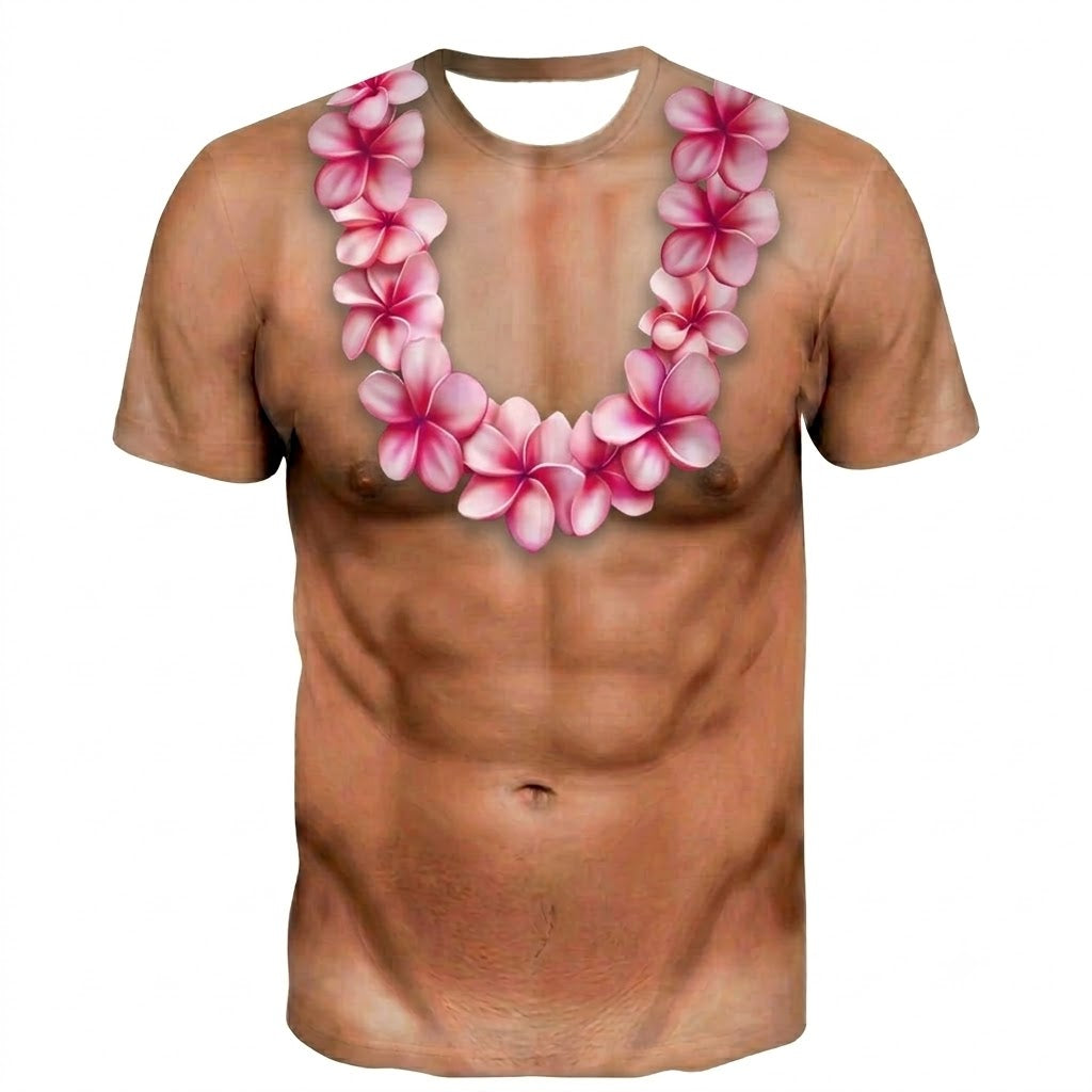Funny Polynesian Abs Shirt Polynesian Pink Plumeria Flowers Necklace Printed T Shirt