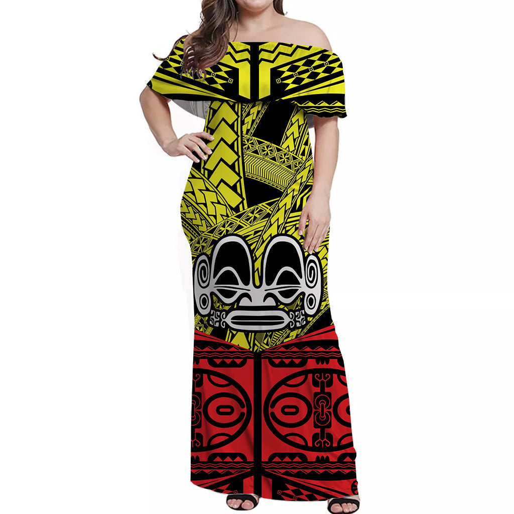 Marquesas Islands Off Shoulder Long Dress Mata Mix Polynesian Pattern