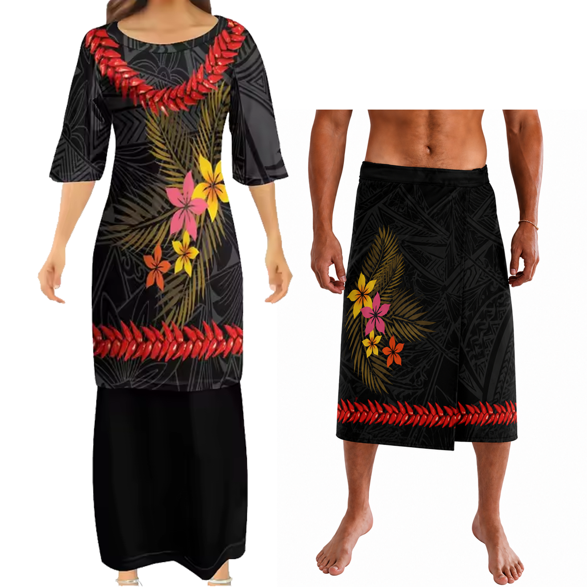 Polynesian Flowers Pattern Couple Outfit Matching Island Samoan Necklace Dress And Lavalava