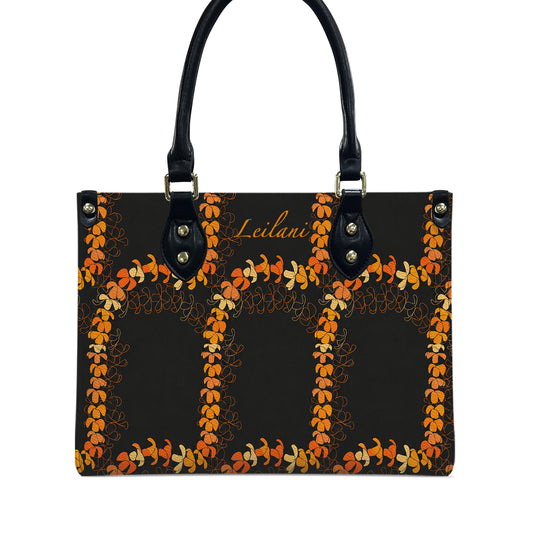 Custom Name Puakenikeni Hawaiian Flower Lei Black Leather Handbag