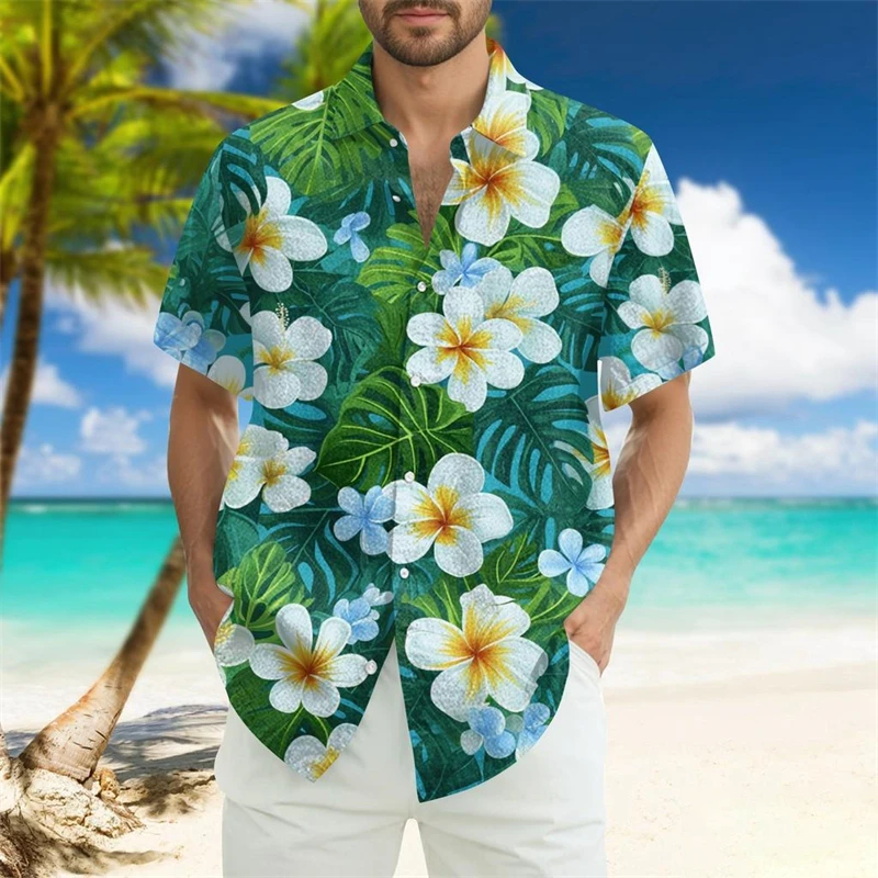 Vintage Plumeria Flowers Plants Pattern Men's Hawaiian Shirt Tropical Summer Short Sleeve Shirt