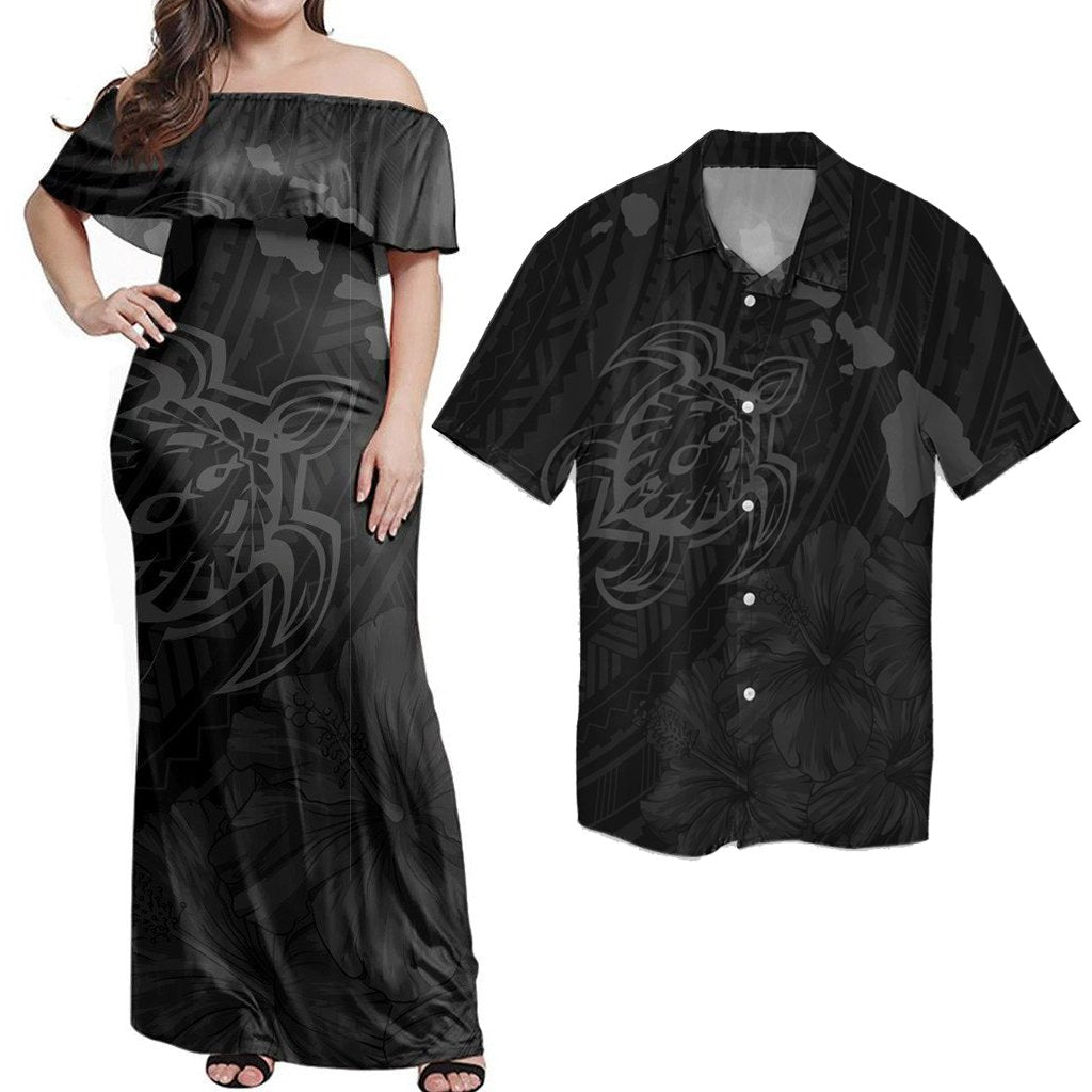 Matching Hawaiian Outfits Combo Dress And Shirt Hawaiian Hibiscus Sea Turtle Swim Polynesian Grey