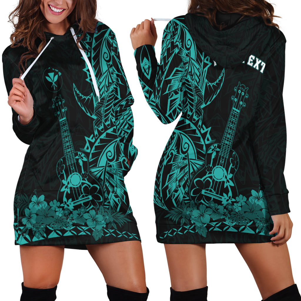 Custom Personalised Hawaii Polynesian Hoodie Dress Ukulele Turquoise