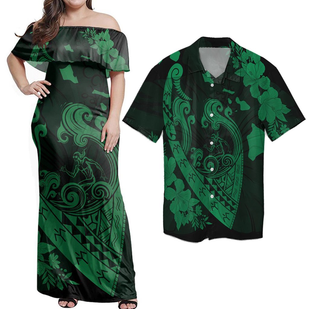 Matching Hawaiian Outfits Combo Dress And Shirt Hawaiian Fish Hook Hibiscus Banzai Surfing Polynesian Green