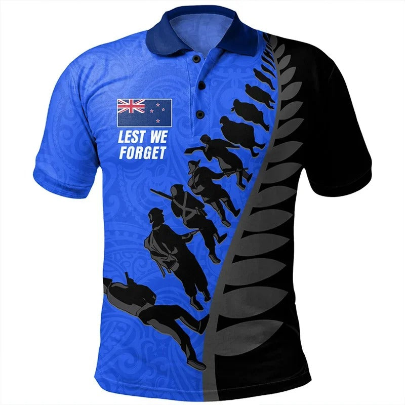 New Zealand Polo Shirt NZ Flag Lest We Forget Blue Printed Shirt