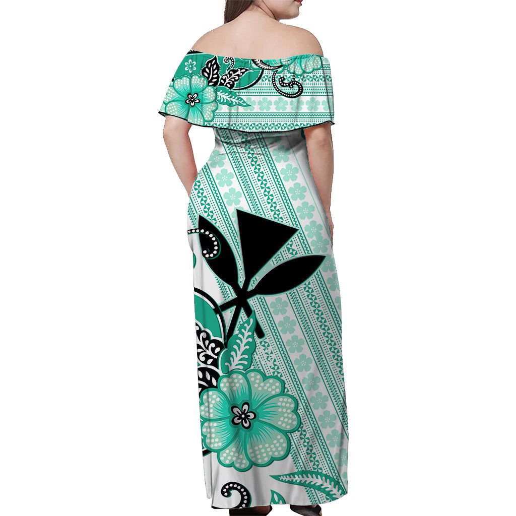 Hawaii Off Shoulder Long Dress Kakau Tribal Turquoise Batik Floral Ver.02