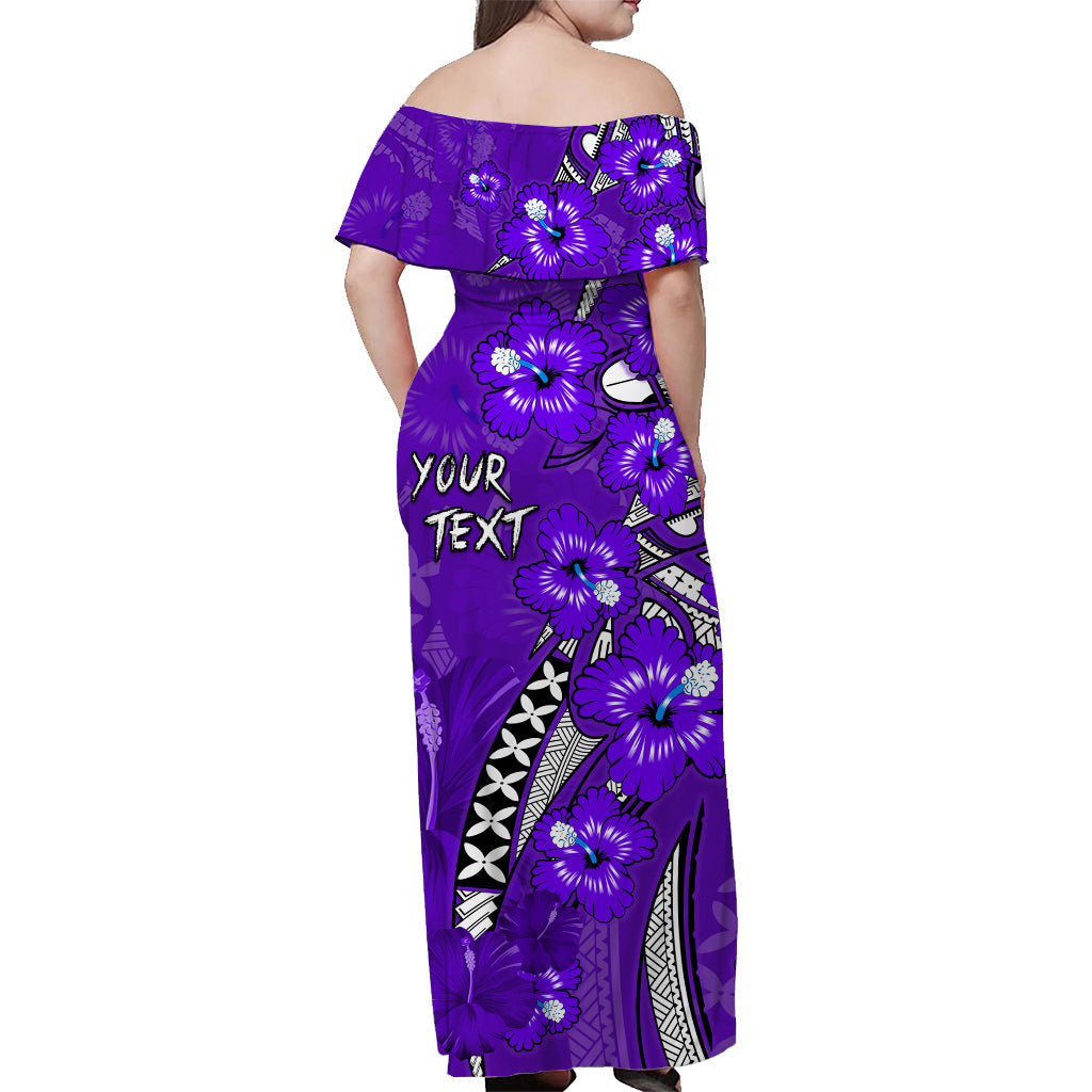 Custom Personalised Hawaii Off Shoulder Long Dress Polynesia Purple Hibiscus and Map Mystical