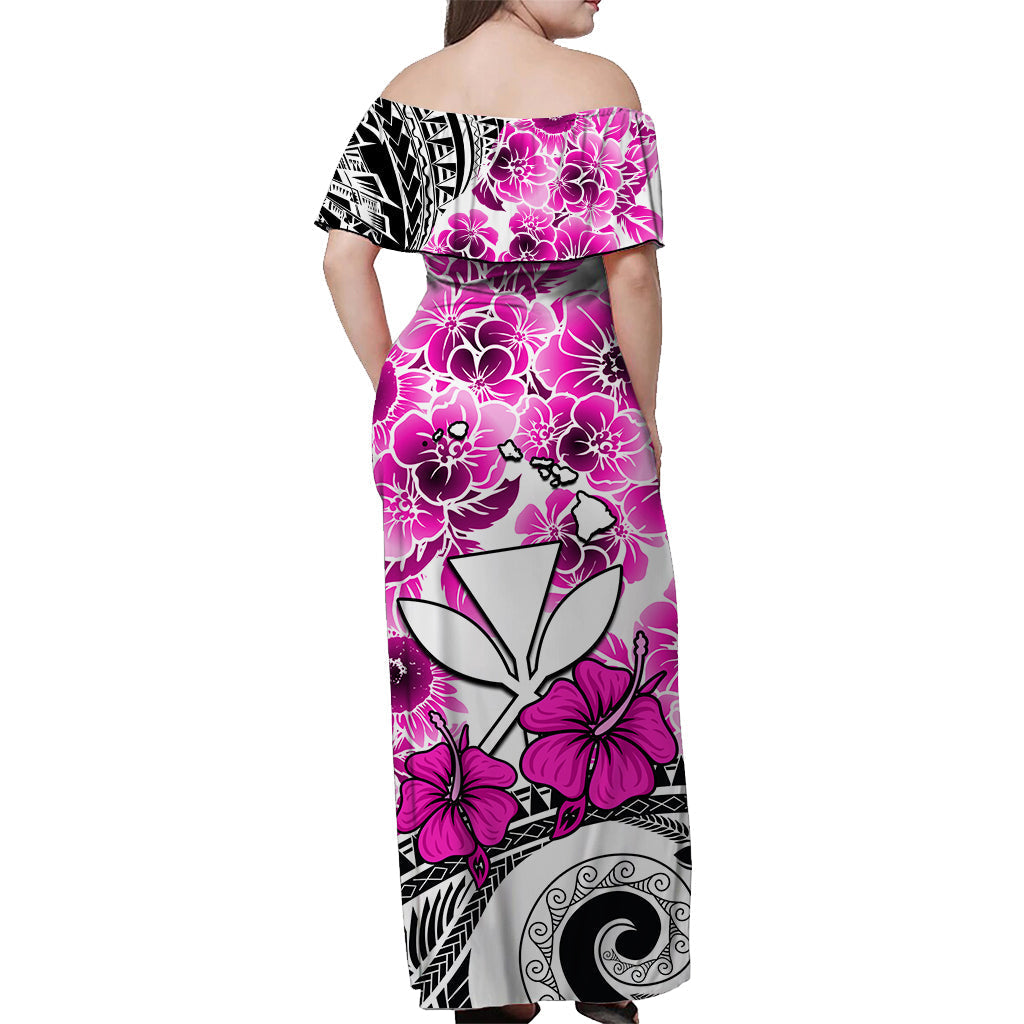 Hawaii Off Shoulder Long Dress Polynesian and Pink Hibiscus