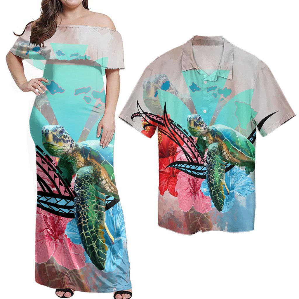Matching Hawaiian Outfits Combo Dress And Shirt Hawaii Map Kanaka Sea Turtle Hibiscus Blue Pink