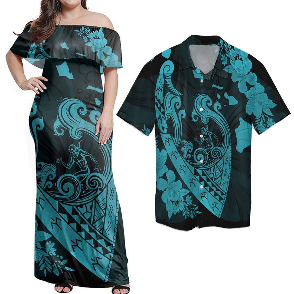 Matching Hawaiian Outfits Matching Hawaiian Outfits Combo Dress And Shirt Hawaiian Fish Hook Hibiscus Banzai Surfing Polynesian Blue