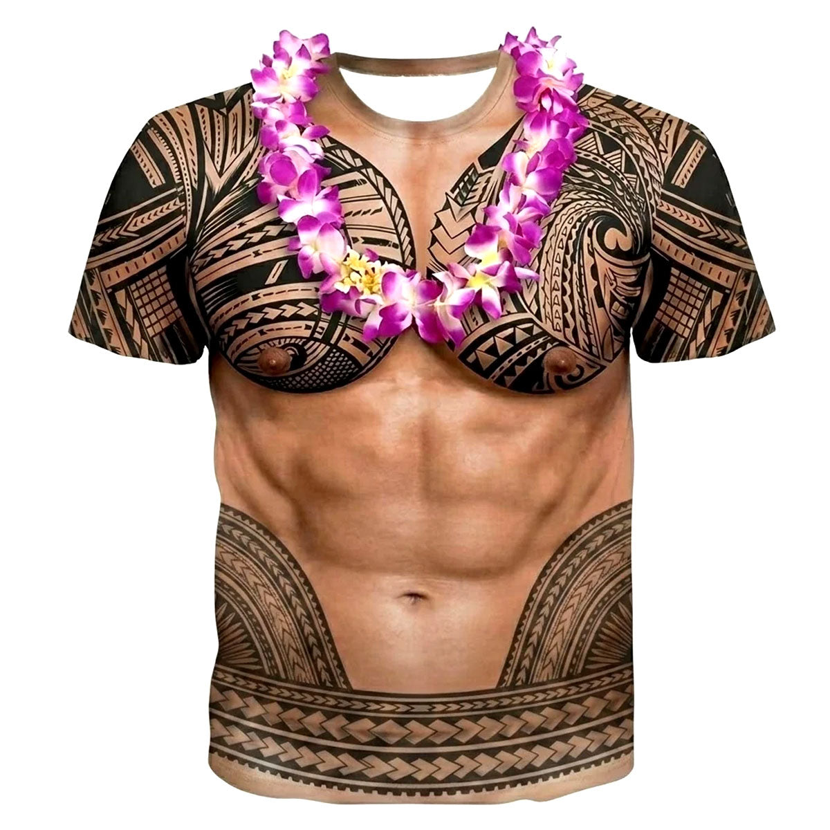 Funny Abs Polynesian Tattoo Shirt Flowers Necklace Printed T Shirt