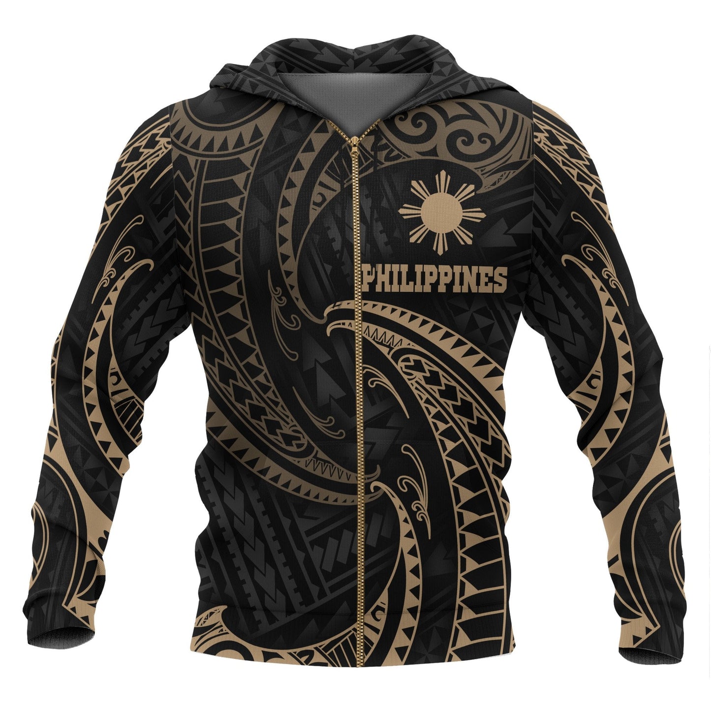 Philippines Zip Up Hoodie Gold Tribal Wave