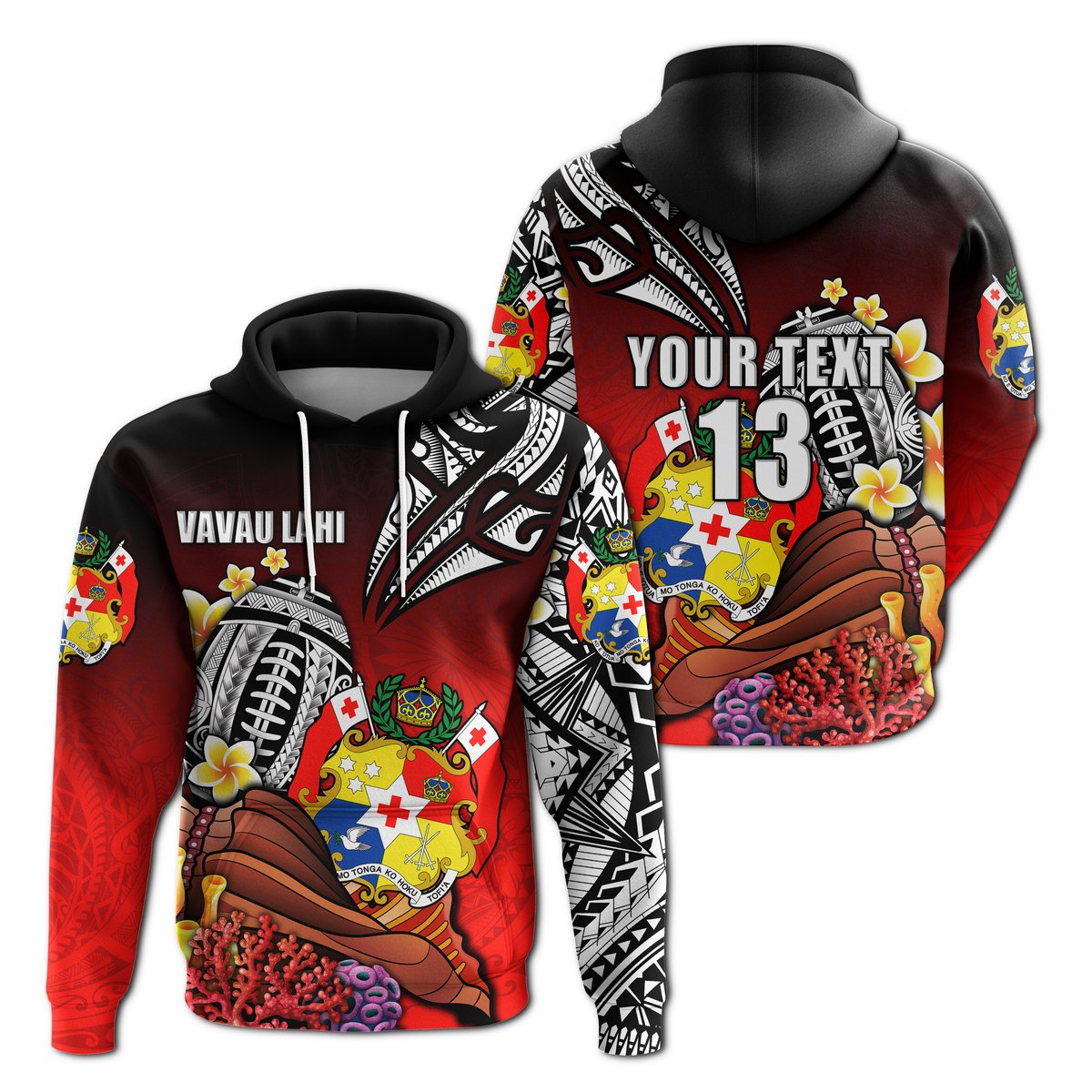 (VAVAU LAHI) Tonga Rugby Hoodie Polynesian Ocean World Style Text and Number