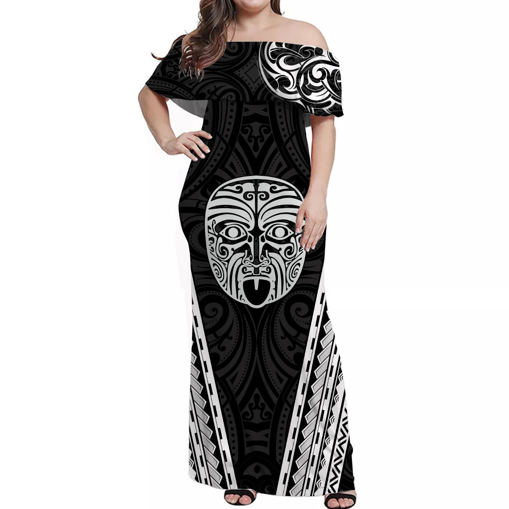 New Zealand Maori Off Shoulder Long Dress Mix Ta Moko