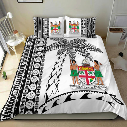 Fiji Bedding Set Tapa Pattern With Coconut Tree White