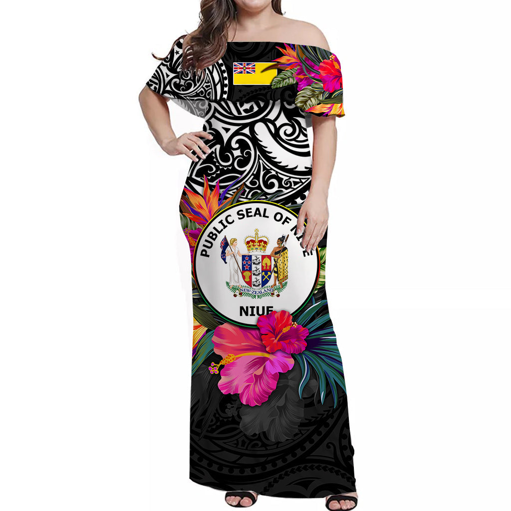 Niue Off Shoulder Long Dress Alluring Polynesia and Tropical Flowers