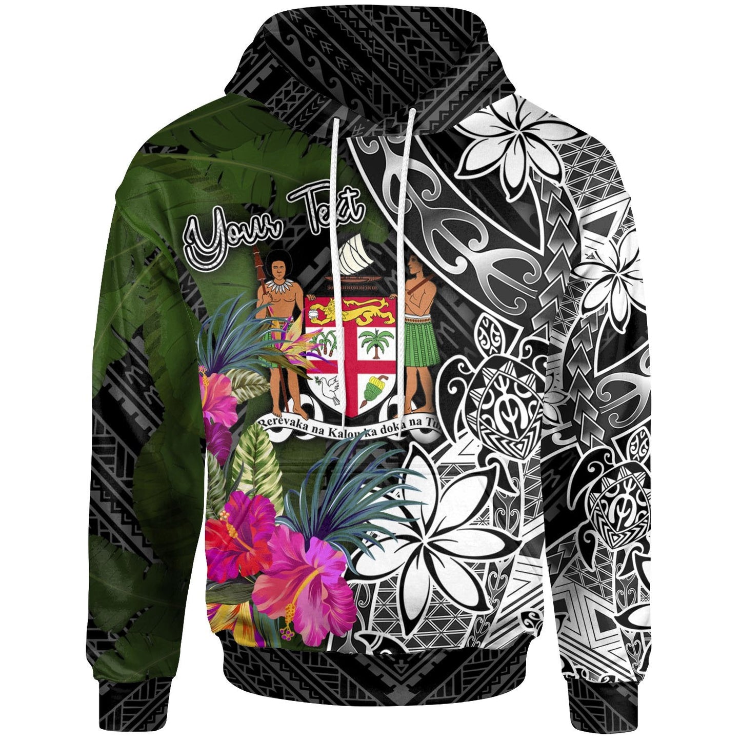 Custom Text Fiji Tropical Floral Personalised Hoodie Turtle Plumeria Banana Leaf Crest Zip Up Hoodie