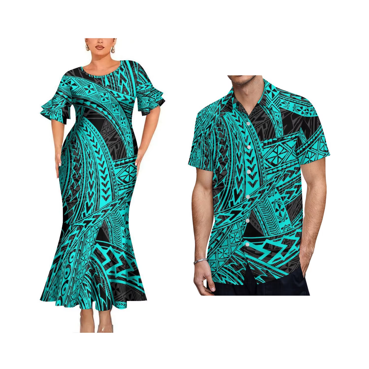 Polynesian Tribal Green Pattern Matching Outfit For Couple Bodycon Mermaid Dress and Shirt